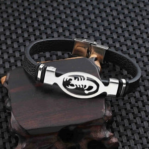 Men's leather bracelet with silver scorpion stainless steel plate and folding clasp