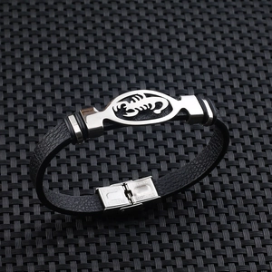 Men's black leather scorpion bracelet with polished stainless steel totem charm