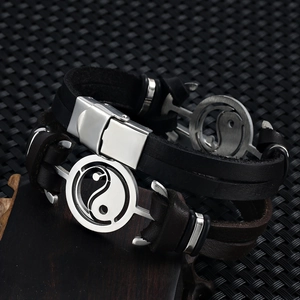 Men's vintage leather bracelets with stainless steel yin yang charms in black and brown