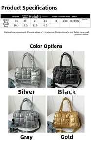 Size chart for quilted puffer tote bag and matching pouch with detailed dimensions