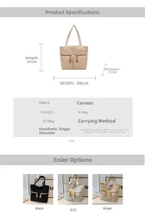 Detailed size chart and multi-color canvas tote bag options in black, beige, and khaki