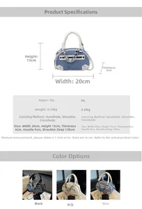 Detail specifications of denim-texture PU mini Boston bag with chain and dimensions
