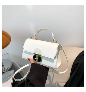 Detail of white square crossbody bag featuring a gold oval twist lock and a smooth texture