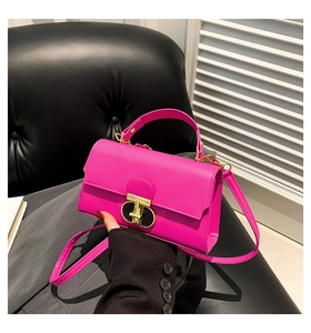 Detail of rose pink mini square bag with golden lock and adjustable strap