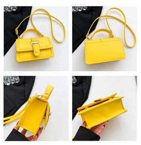 Detailed views of yellow crocodile-embossed handbag showing texture and metal buckle