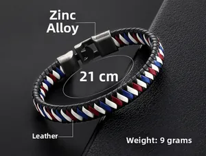 Macro detail of braided leather bracelet with grey alloy clasp and multi-color texture