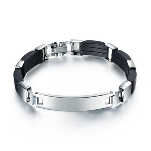 Pulsera para hombre de silicona negra con placa de identidad de acero inoxidable pulido