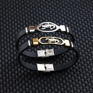Men's scorpion leather bracelet with stainless steel clasp in silver and gold colors