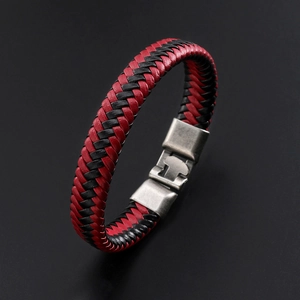 Braided red and black leather bracelet for men featuring a vintage silver metal alloy clasp