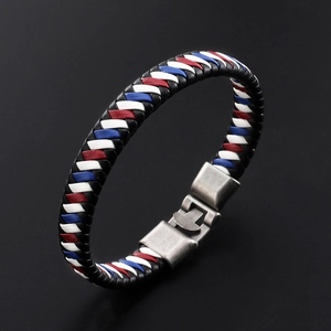 Braided leather bracelet in red, white, and blue with a vintage grey metal magnetic clasp