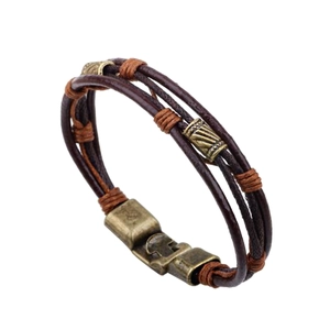 Bracelet multicouche rétro en cuir pour homme avec tubes en bronze et corde tressée