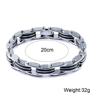 Detail of 20cm stainless steel and black silicone bike chain bracelet for men