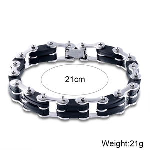 Detail of bicycle chain link bracelet with stainless steel stamp and silicone texture