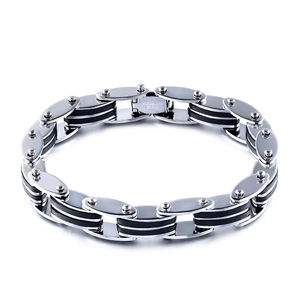 Detailed view of stainless steel bicycle chain bracelet with black silicone and rivets
