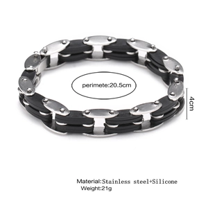 Detailed specs of the stainless steel and silicone bike chain bracelet, 20.5cm long