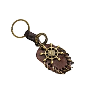 Vintage nautical key ring with dark brown leather and bronze steering wheel pendant