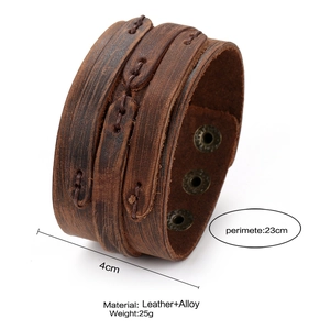 Retro wide leather bracelet with triple band layers and bronze snap buttons