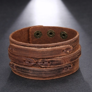 Retro wide brown leather knot bracelet with vintage metal snaps for men and women