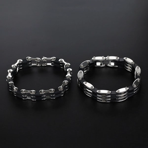 Polished stainless steel bicycle chain bracelets for men with black silicone inserts