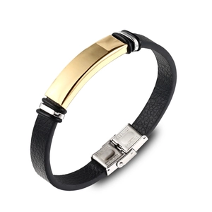 Bracelet En Cuir Pour Hommes Plaque Courbée En Acier Inoxydable Doré Mode Minimaliste Décontracté Bijoux