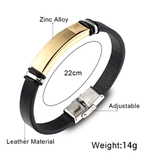 Bracelet réglable pour homme en cuir noir et acier inoxydable avec finition dorée