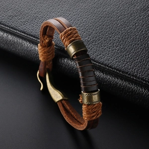 Retro Handgefertigtes Geflochtenes Echtes Leder Armband Für Herren Kupfer Haken Geometrischer Charme Vintage Schmuck Braunes Armband Geschenk