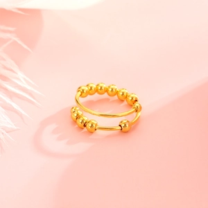 Gold double-layer open ring with rotating anti-anxiety beads and adjustable size design
