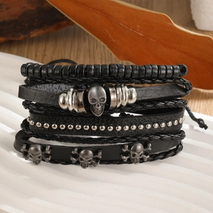 Punk Skull Crossbones Bracelet Cowhide Leather Braided Wax Rope Wooden Beads Vintage Rock Jewelry For Men