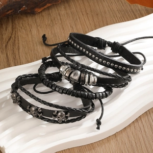 Vintage black leather skull bracelet set with braided ropes and metal rivets for men