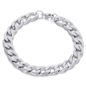 Polished silver stainless steel Cuban link bracelet with diamond-cut texture for men