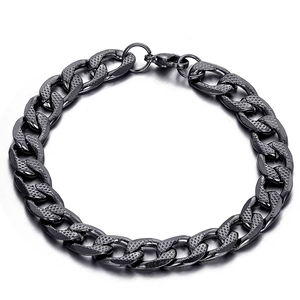 Classic black stainless steel Cuban link bracelet with engraved diamond mesh pattern for men