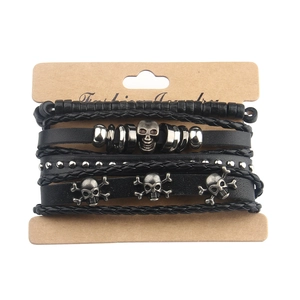 Men's retro black leather bracelet set featuring skull charms and punk braided beads