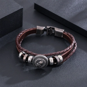 Retro multilayer leather bracelet for men featuring a silver lion head charm and buckle
