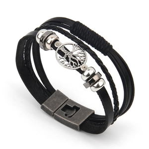 Vintage multilayer leather bracelet for men featuring a silver tree of life charm detail