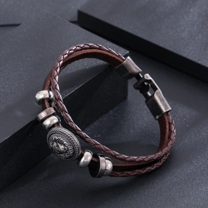 Retro men's double-layer brown braided leather bracelet with vintage silver lion emblem clasp
