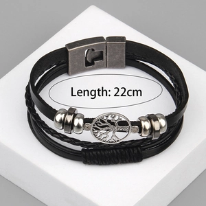 Detail view of leather tree of life bracelet for men with 22cm length measurement