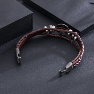 Retro multi-layer braided brown leather bracelet with vintage metal beads and alloy buckle