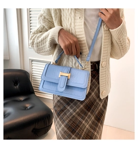 Detail of light blue crocodile embossed leather handbag with golden H-shaped metal buckle