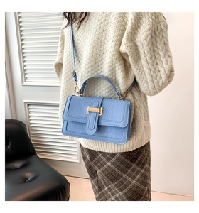 Close-up of light blue crocodile texture handbag with golden H-shaped metal buckle detail