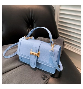 Detail of light blue crocodile embossed handbag with golden metal buckle on grey suit fabric