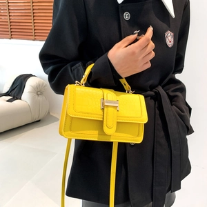 Yellow faux crocodile pattern small square handbag with gold buckle and shoulder strap