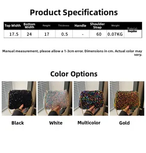 Size chart for sequin crossbody bags showing dimensions and four colors like gold and black