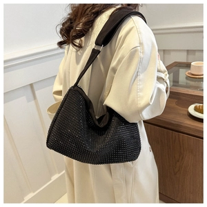 Chic black rhinestone studded square shoulder bag with a wide adjustable strap for women