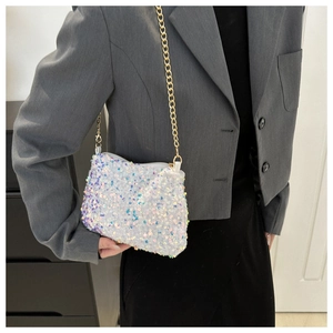 Close-up of shimmering sequins and golden chain strap on a stylish crossbody bag