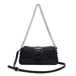 French retro black high-texture underarm bag with silver chain and belt buckle design