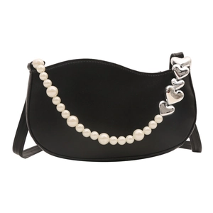 Fashionable black PU leather shoulder bag with wave edge and pearl heart chain decoration