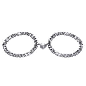Matching magnetic heart Cuban chain bracelets in silver stainless steel for couples