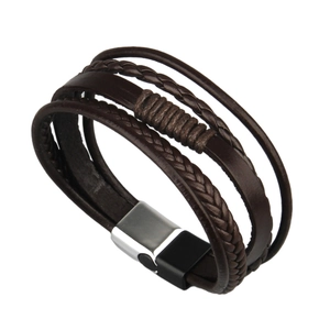 Bracelet multicouche en cuir tressé pour homme, marron foncé avec fermoir en métal noir