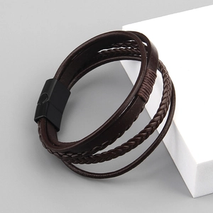 Handmade layered dark brown leather braided bracelet for men with black matte magnetic clasp