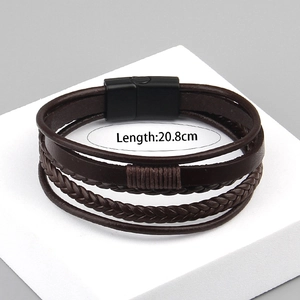 Detail showing multilayer braided leather bracelet with black magnetic clasp, 20.8cm long